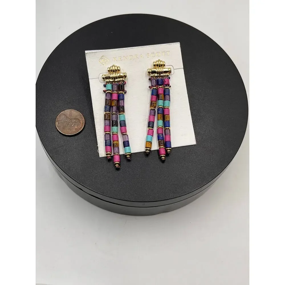 Kendra Scott‎ Bree Gold Teal Purple Orchid Stone Bead statement Earrings